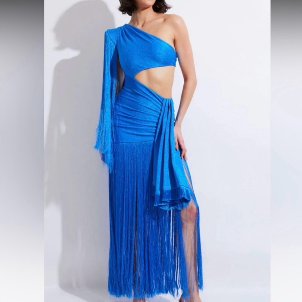 Electric Blue One-Shoulder Fringe Cutout Maxi Dress ( Patbo)